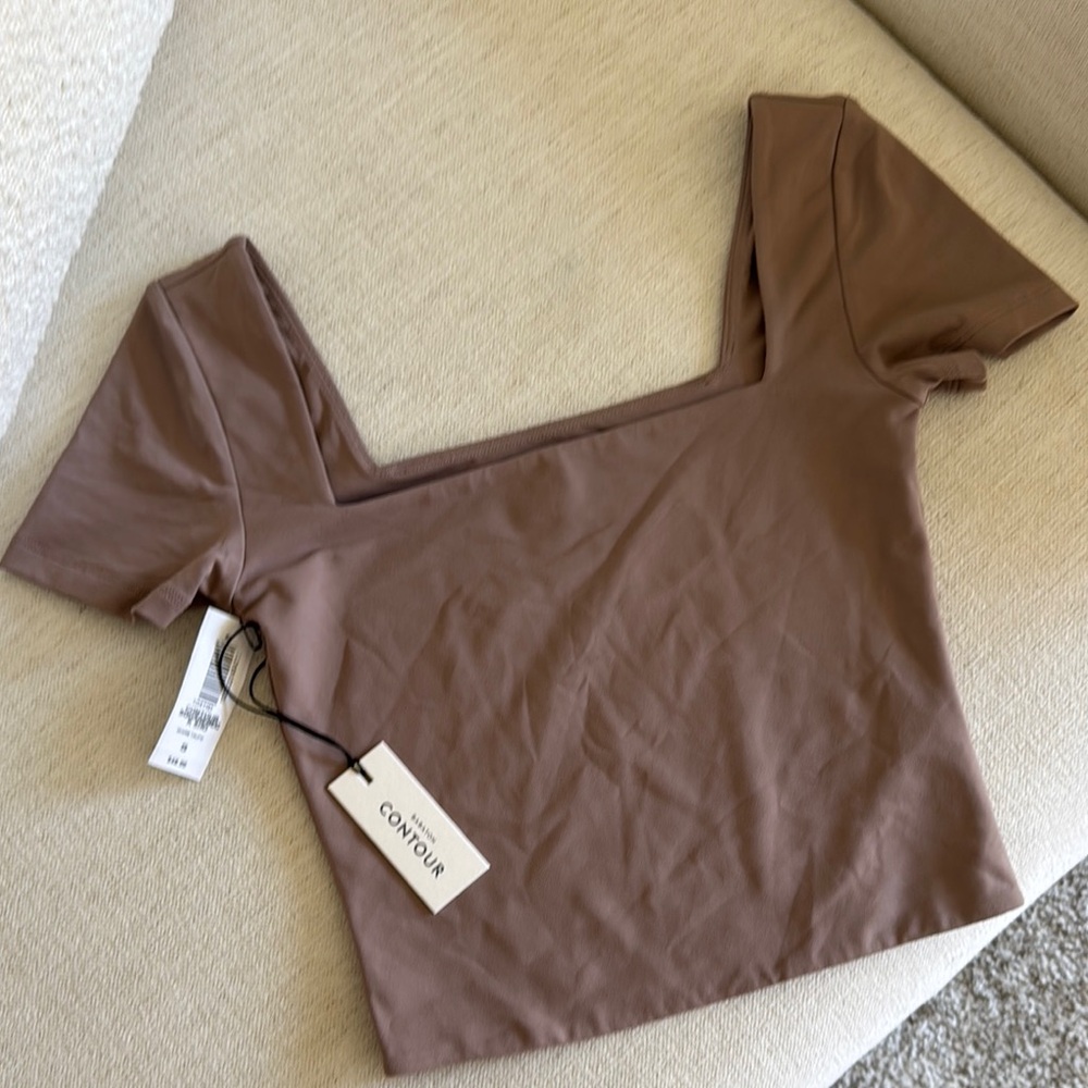 Aritzia Tan Cap Sleeve Fitted Crop Blouse